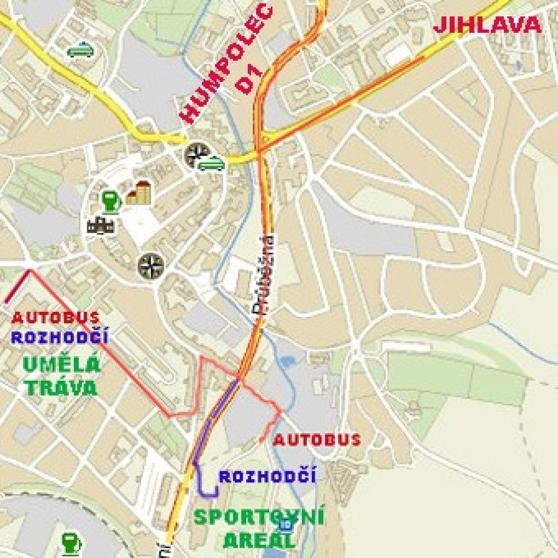 Mapa s dispozicí hracích a tréninkových ploch ve městě Pelhřimov.