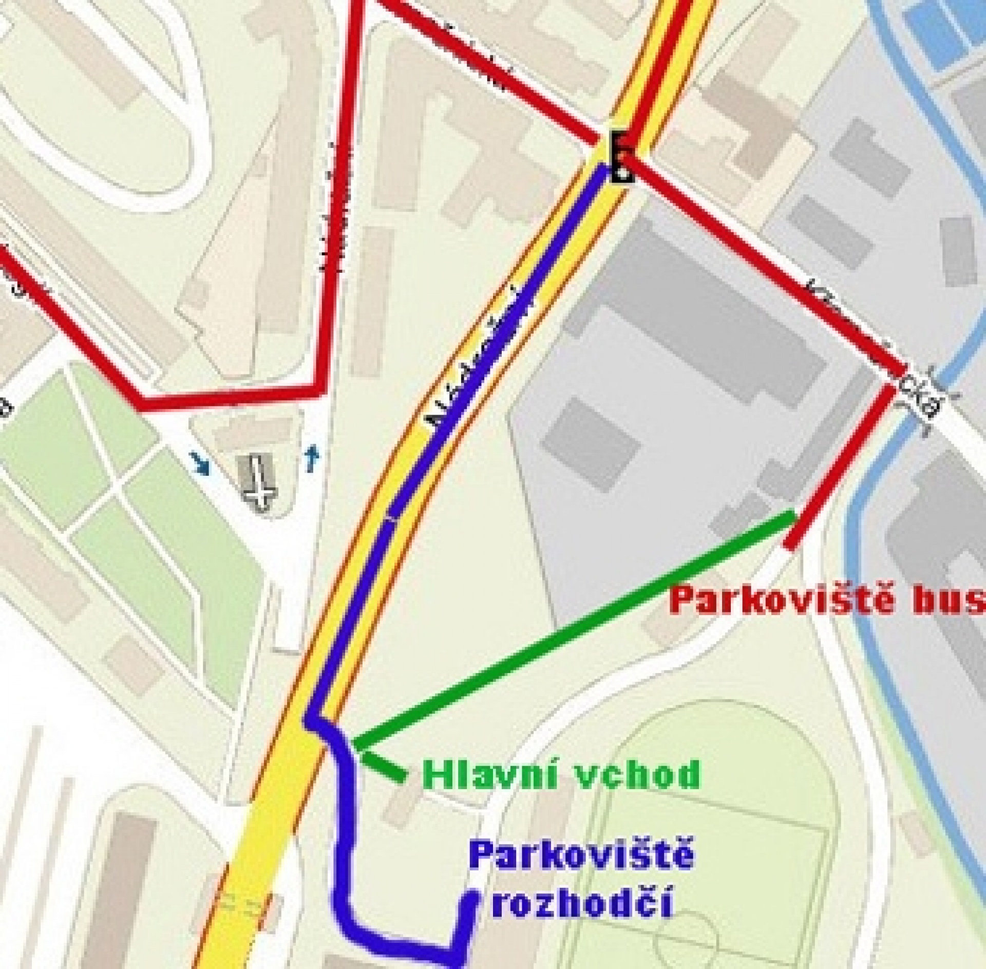 Mapa s možnostmi příjezdů na sportovní areál v Nádražní ulici.