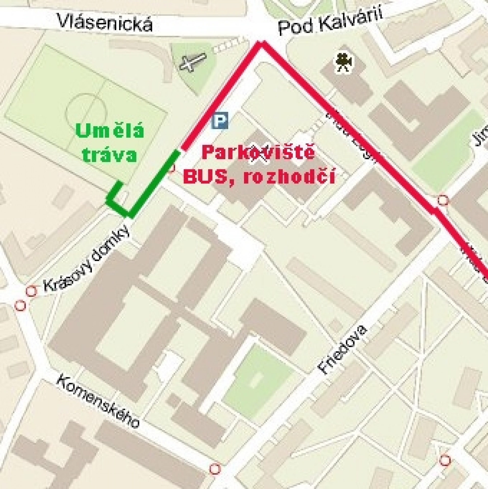 Příjezdová mapa na fotbalový stadion Za Kalvárií, kde se nachází hřiště s umělým travnatým povrchem.